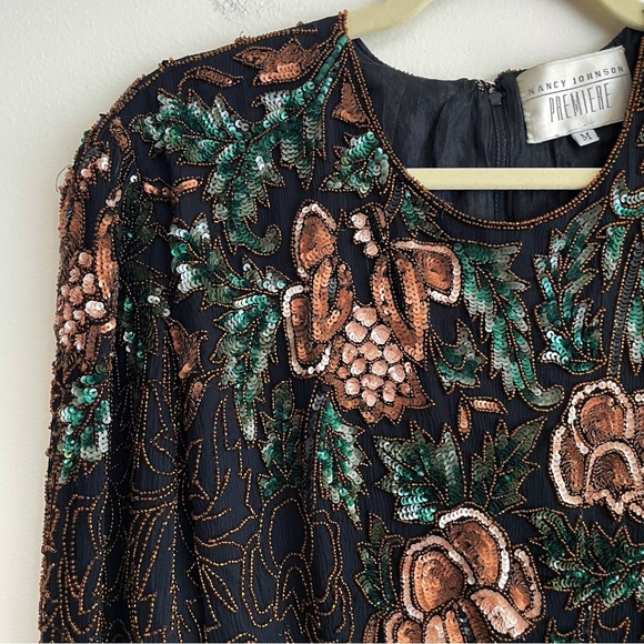 Elegant Vintage beaded bodysuit embellished unique 80s silk floral sequin event - Picture 3 of 16